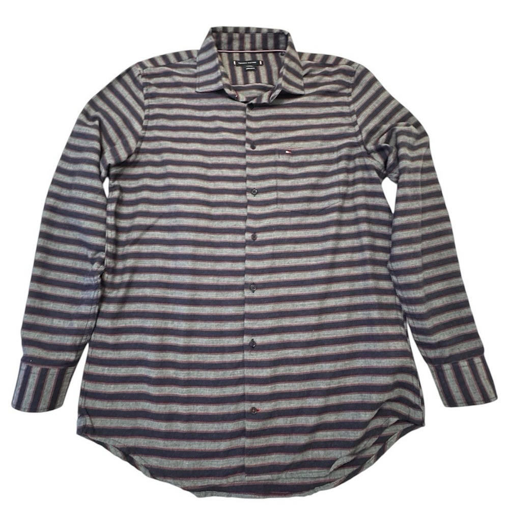 Tommy Hilfiger Mens XL Regular Fit Flannel Shirt Gray Navy Red Striped Cotton